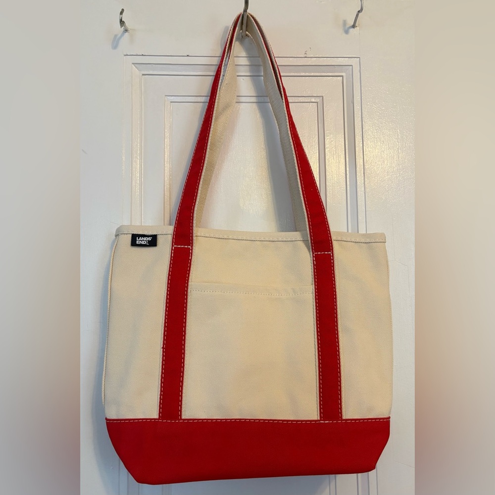 LANDS' END MEDIUM 5 Pocket Open Top Long Handle Canvas Tote with Red Straps